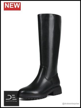 Faux Leather Knee High Boots Women Platform Flat No Heel Round Toe